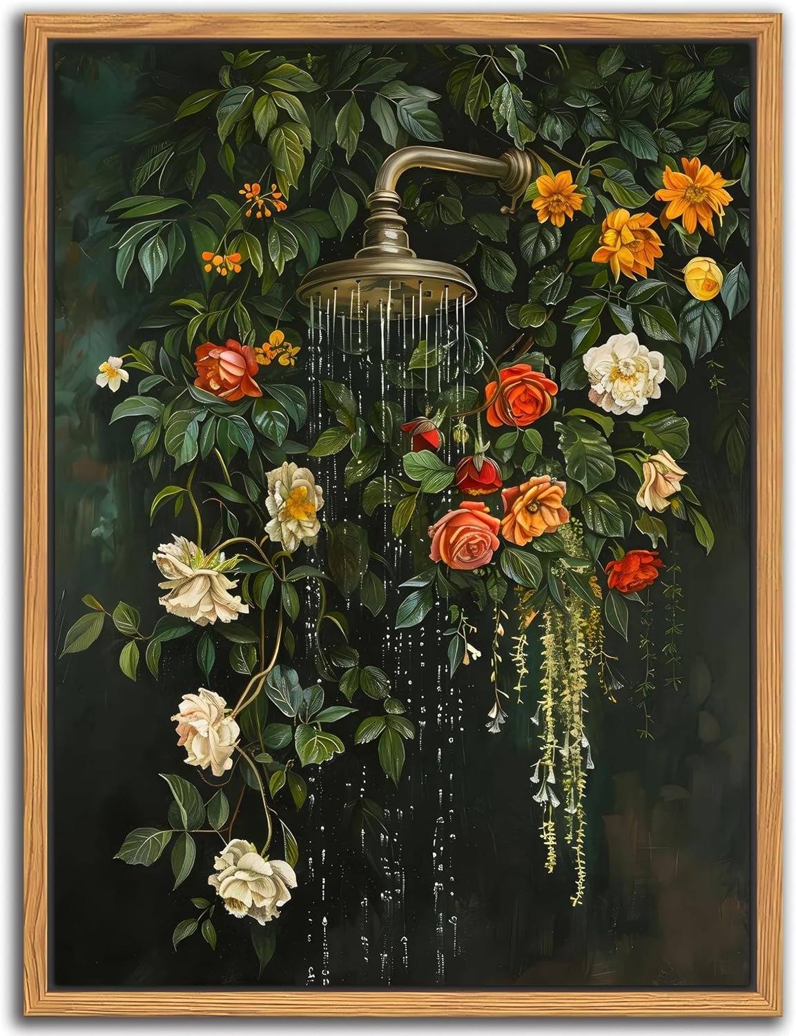 Floating Framed Floral Shower Wall Art, Vintage Botanical Flower Canvas Print, Romantic Garden Roses and Waterfall Painting, Nature Inspired Bathroom Wall Decor for Home Living Room 12×16 inch