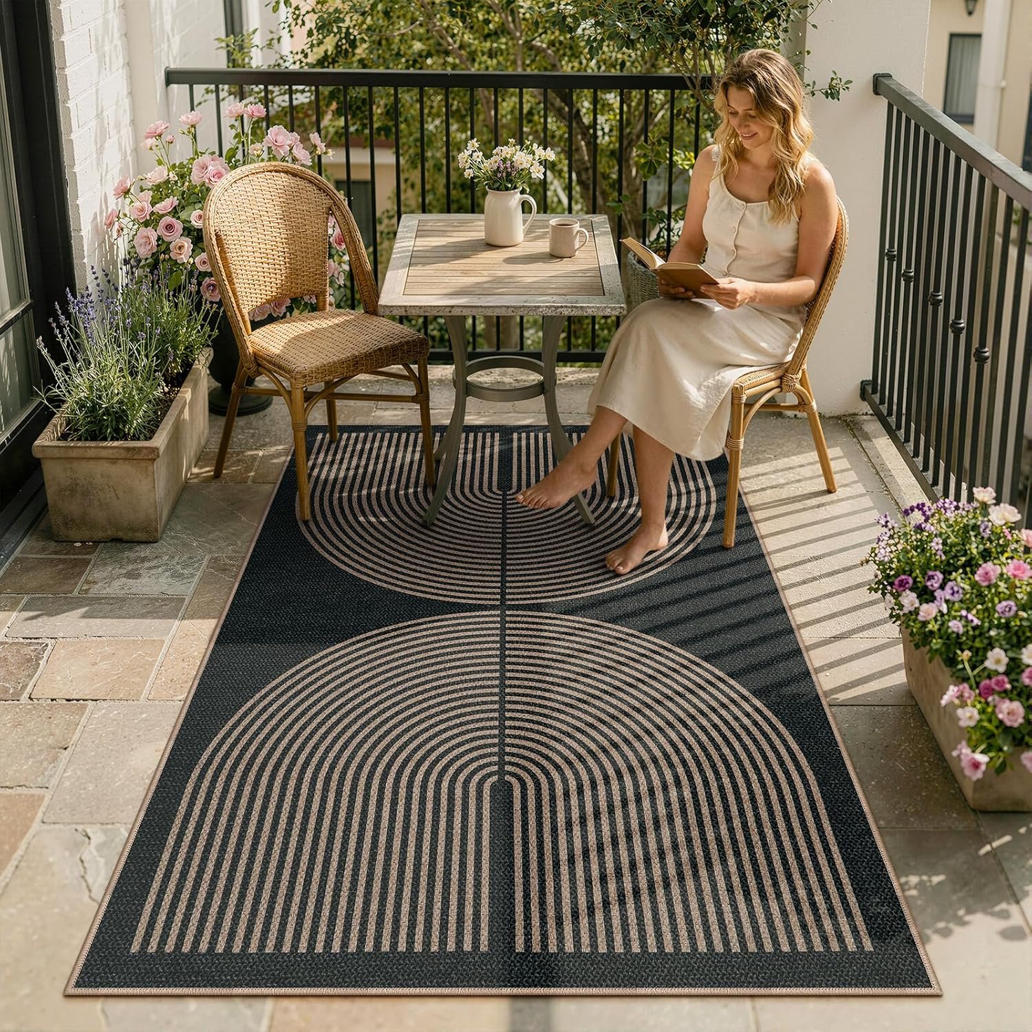 Lahome Enfys Modern Rainbow Easy Jute Outdoor Patio Rug, 3×5 Black Washable Rugs for Entryway Office Farmhouse Classroom Carpet, Contemporary Non Slip Front Door Mat for Porch Guestroom Room Decor