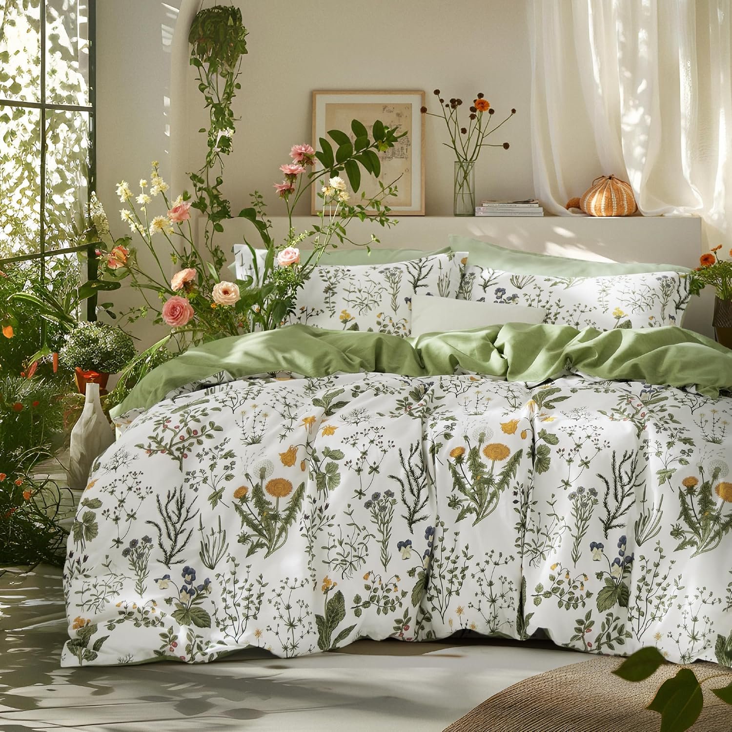 Bedsure Duvet Cover King Size – 100% Cotton Reversible Floral King Duvet Cover Set with Zipper Closure, 3 Pieces Soft & Breathable PureWoven Green Bedding Set with 2 Pillow Shams 20″x36″