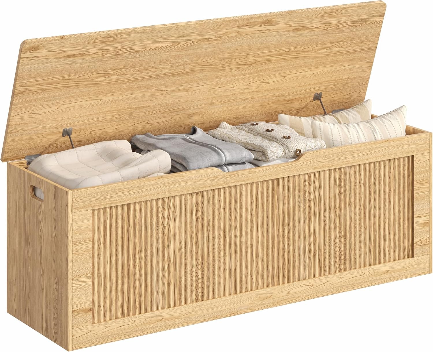 Akxomel Extra Large Fluted Storage Chest, 51.2″ Storage Bench with 2 Safety Hinges, Shoe Bench, Wooden Box Bench, Long Storage Trunk with Lift Top, for Bedroom, Living Room, Entryway, Natural Oak
