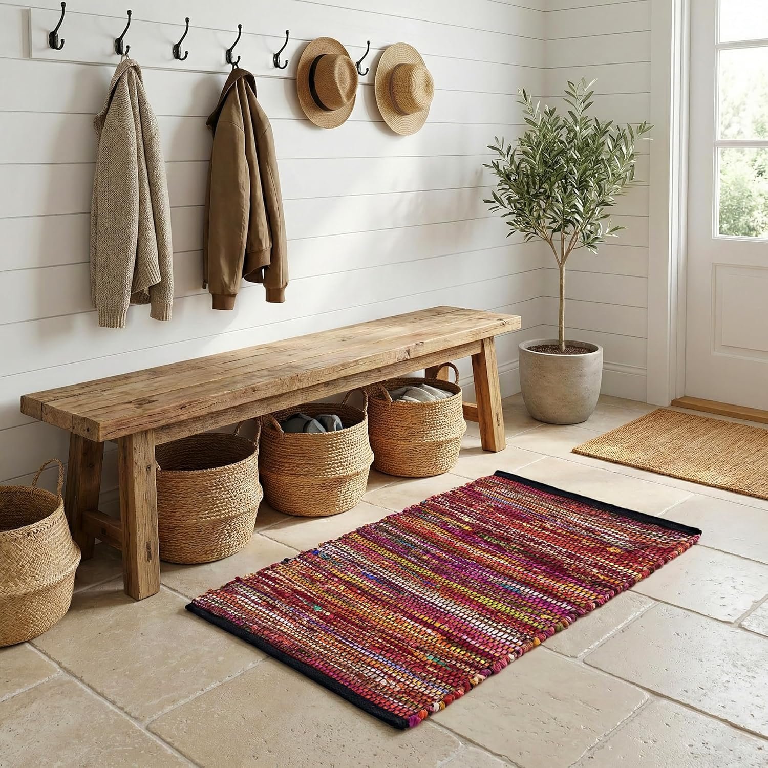 Cotton Hand Woven Area Rug 2×3 Feet – Multi, Colorful Durable Small Bohemian Decorative Rag Rugs Ideal for Entryway, Kitchen, Bedroom | Red Farmhouse Reversible Soft Door Way Floor Mat for Balcony