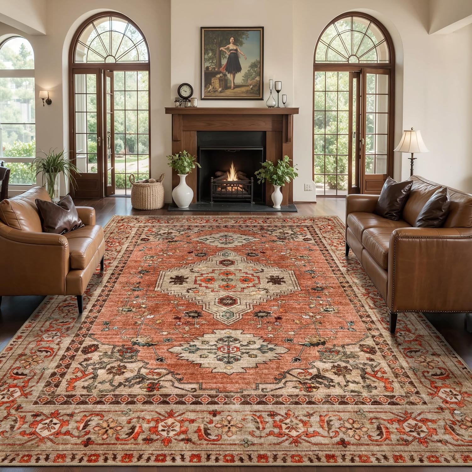 Tangsoo Boho Rug 5×7 Washable Area Rugs for Living Room, Oriental Vintage Indoor Non Slip Large Area Rug, Print Terracotta Carpet, Soft Low Pile Rug Foldable Floor Rugs for Bedroom Dining Room Dorm