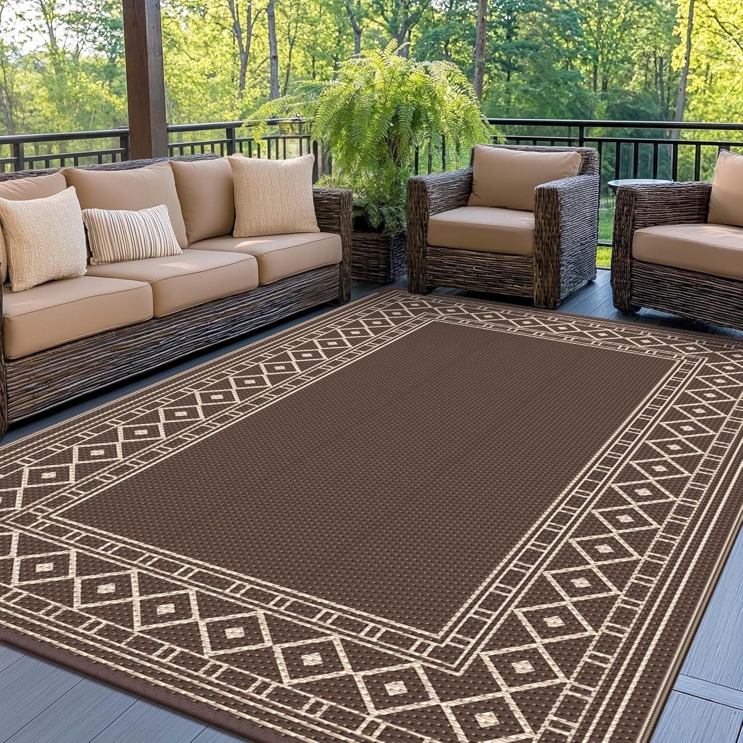 GENIMO Outdoor Rug Waterproof for Patio Decor, 5’x8′ Reversible Plastic Straw Rug Carpet, Camping Mat for Outdoor, RV, Backyard, Deck, Balcony, Picnic, Beach, Coffee & Beige
