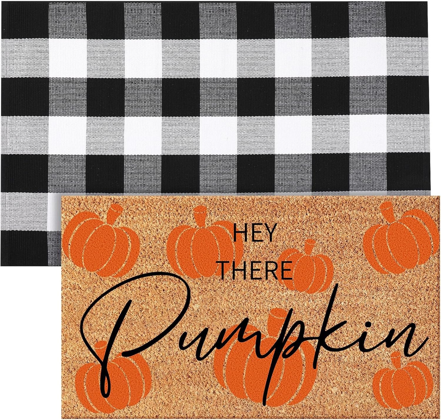 Duraaamo 2 Pcs Fall Coir Doormat Outdoor 16” x 28” Hey There Pumpkin Welcome Mats 24” x 35” Black and White Plaid Outdoor Rug Fall Non Slip Floor Mat Fot Autumn Indoor Entrance Porch Front Decor
