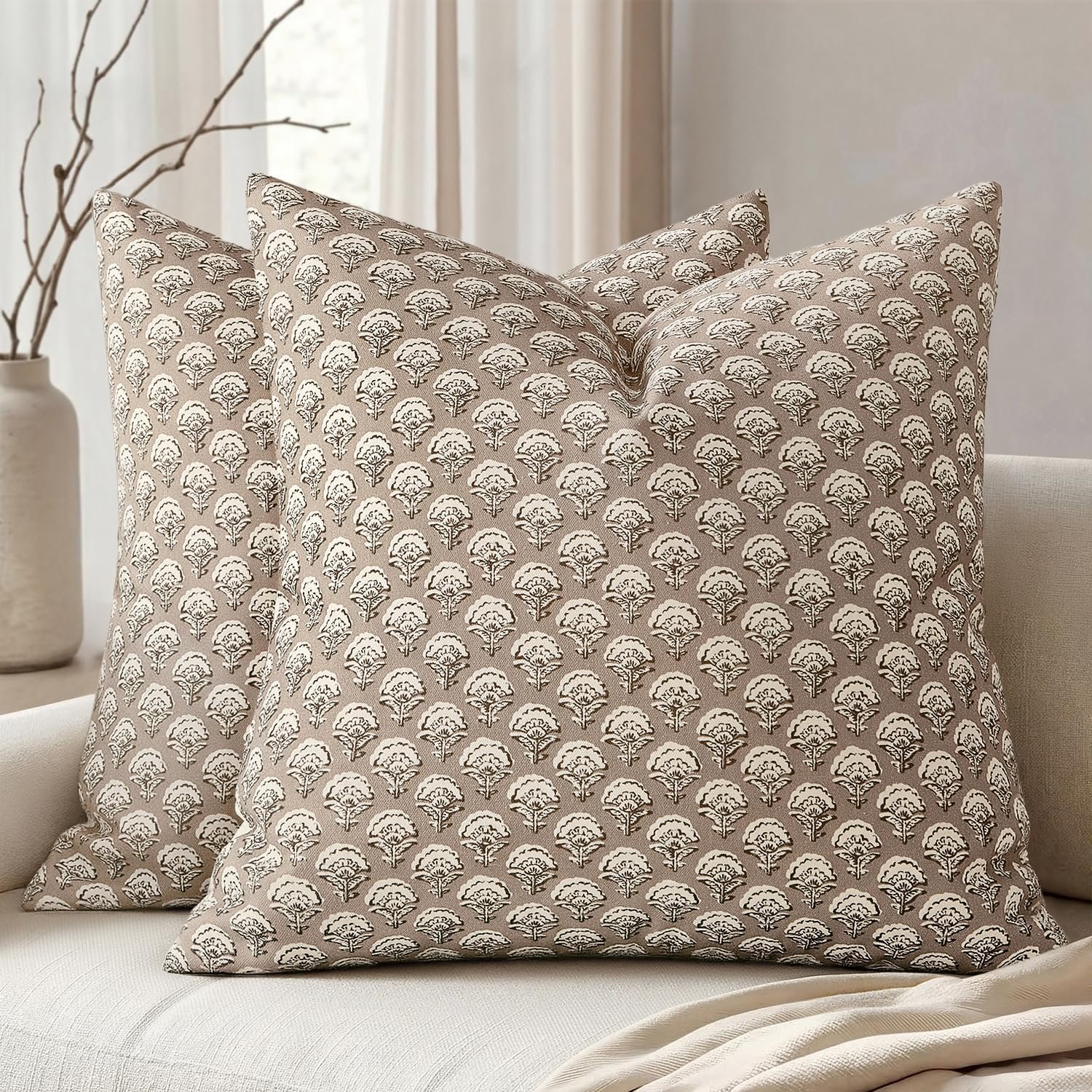 MIULEE Set of 2 Decorative Floral Pillow Covers Neutral Vintage Throw Pillows Block Print Boho Farmhouse Cushion Covers for Modern Spring Home Decor Couch Sofa Bed Living Room, 18×18 Inch, Light Taupe