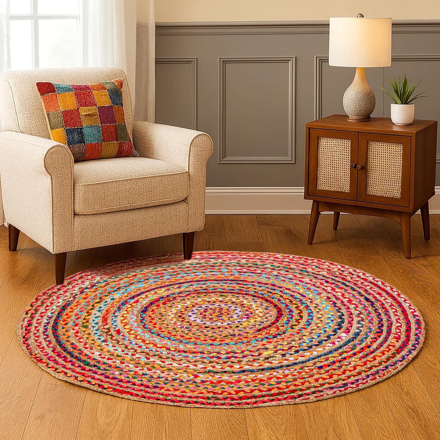 Hausattire Bohemian Braided Rug 4′ Round – Multi Color, Circle Farmhouse Jute Cotton Area Rag Rug for Kitchen, Kids Bedroom, Playroom | Colorful Hand Woven Reversible Pet Friendly Carpet