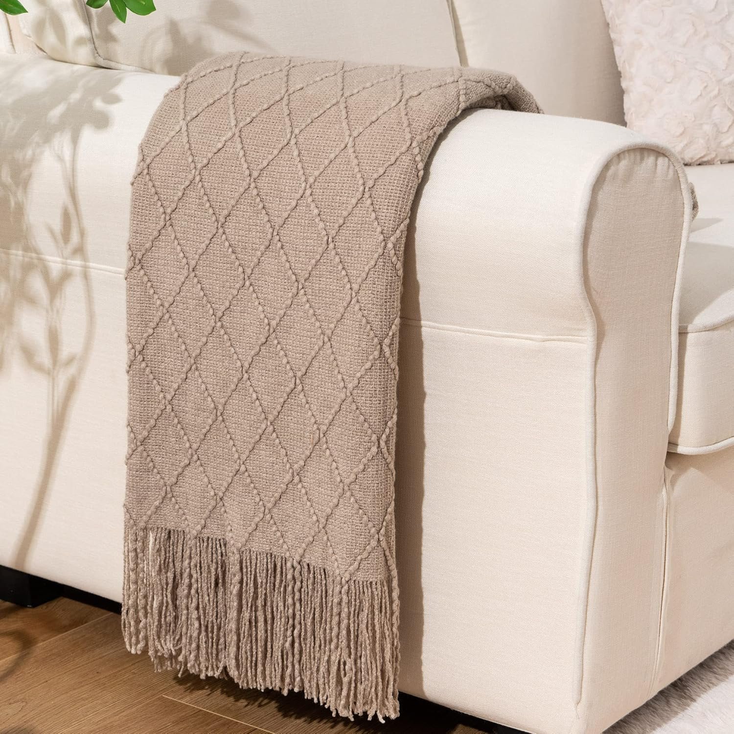 BATTILO HOME Khaki Throw Blanket for Couch, Boho Bed Tan Throws, Spring Decorative Taupe Throw for Sofa Foot of Bed, 50″x60″