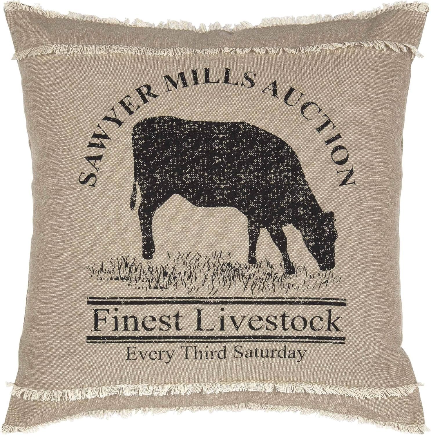 VHC Brands Farmhouse Pillows & Throws – Sawyer Mill Tan Cow 18″ x 18″ Pillow, 18×18, Charcoal Grey