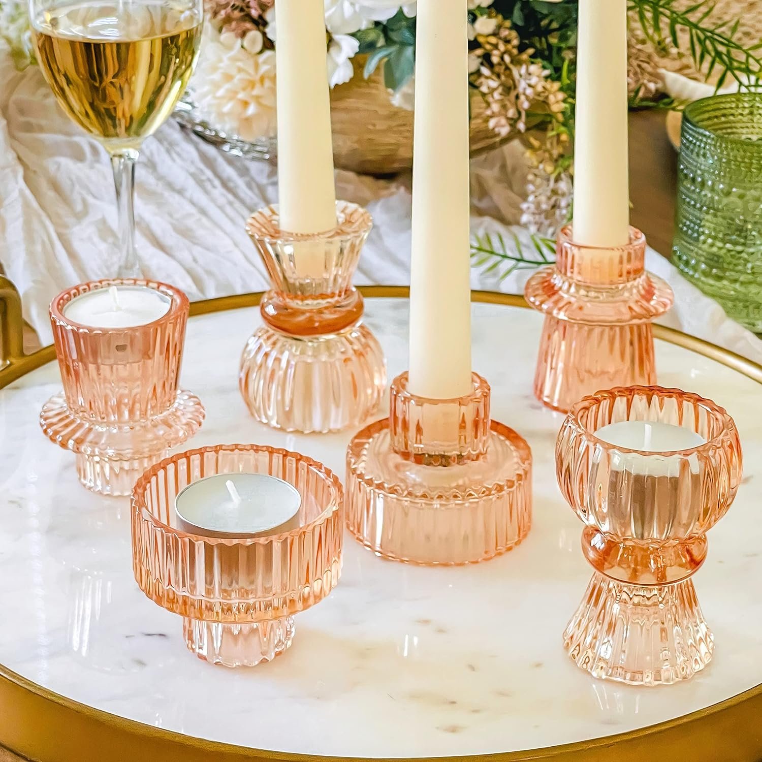 Kate Aspen Glass Taper Candle Holder Set of 6 – Rose Gold Ribbed Vintage Candlestick Votive Pillar Decorative Centerpiece for Dining Table Shelf Decor