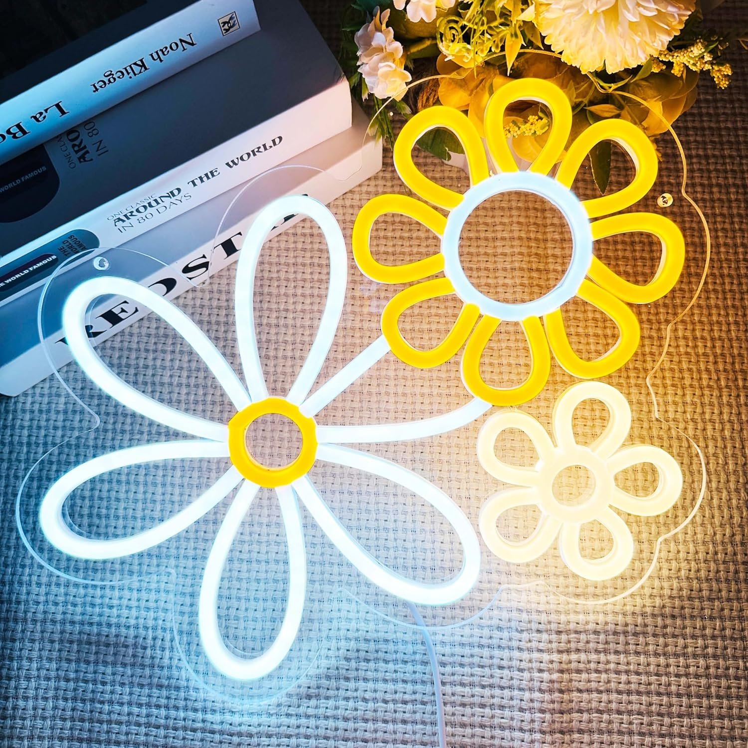 Daisy Flower Neon Sign, 13.39×13.23 inches, Cool White+Warm White+Yellow, Acrylic, Wall Mount, LED, Boho Flower, Decorative Signage for Home Decor, Gifting, Boho Vintage Decor