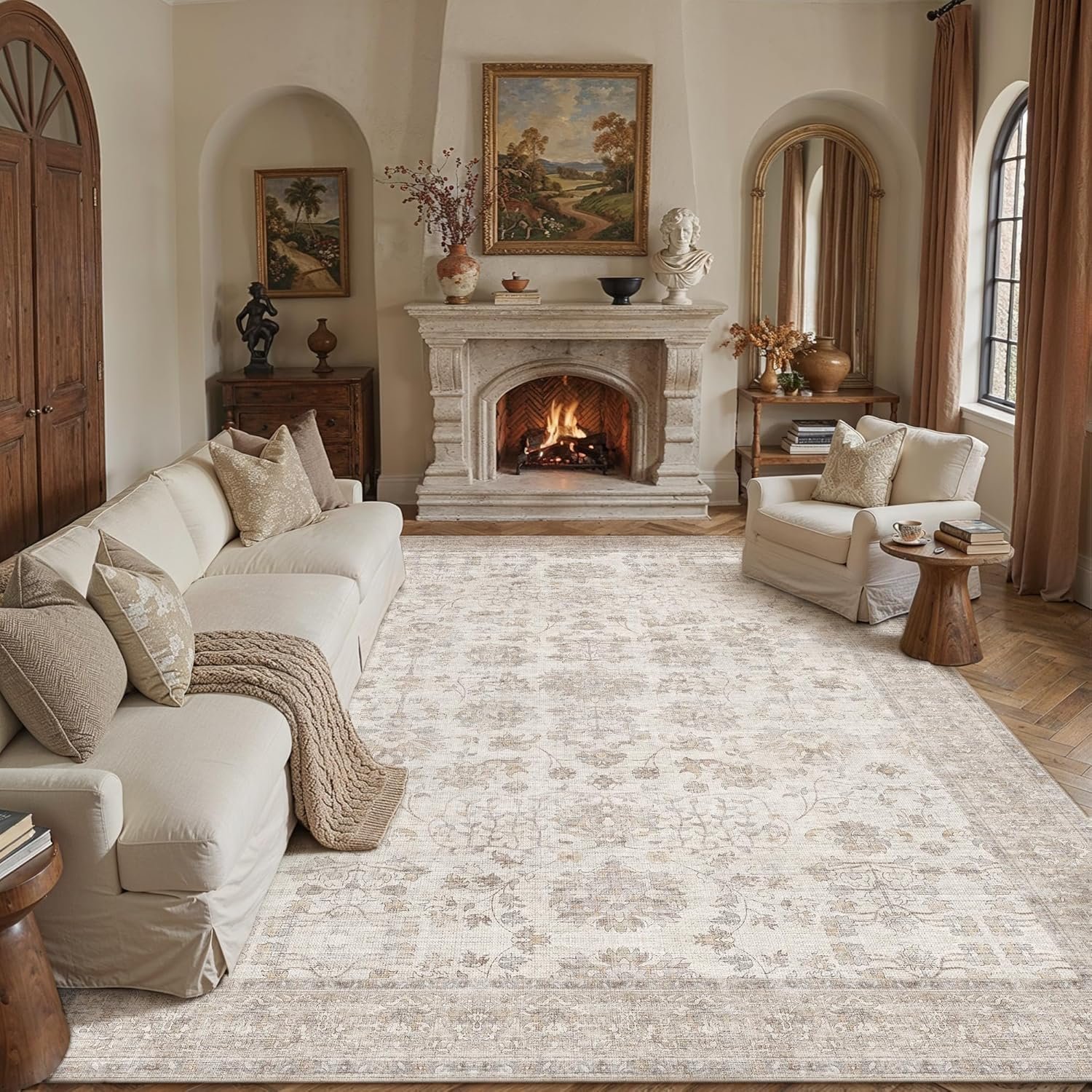 PureCozy 8×10 Living Room Area Rug Beige Washable Vintage Carpet Non Slip Low Pile Bedroom Traditional Distressed Large Throw Retro Rug for Dining Room Home Office