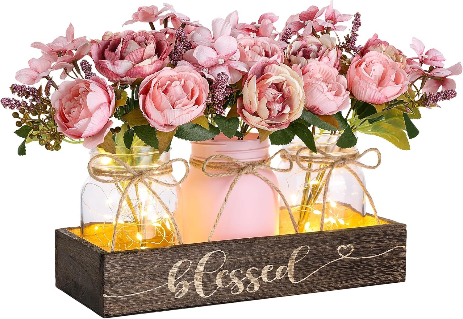 3 Pcs Mason Jar Centerpiece with Wood Tray & LED Light, Farmhouse Table Decor for Dining Room Kitchen Living Bathroom, Pink
