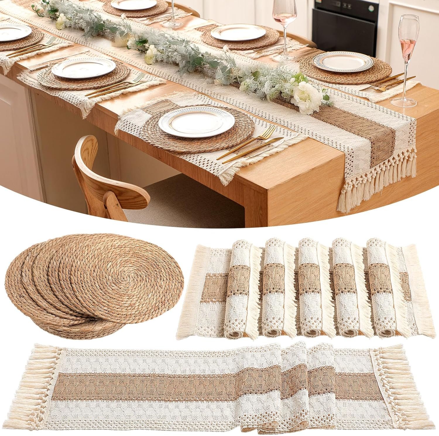 Boho Placemats 4/6/8 Set of Round Woven Placemat Macrame Style Bicolor Stitching Long Table Runner Farmhouse Rustic Natural Burlap Cotton for Kitchen Dining Table(6 Sets,Brown,12×72)