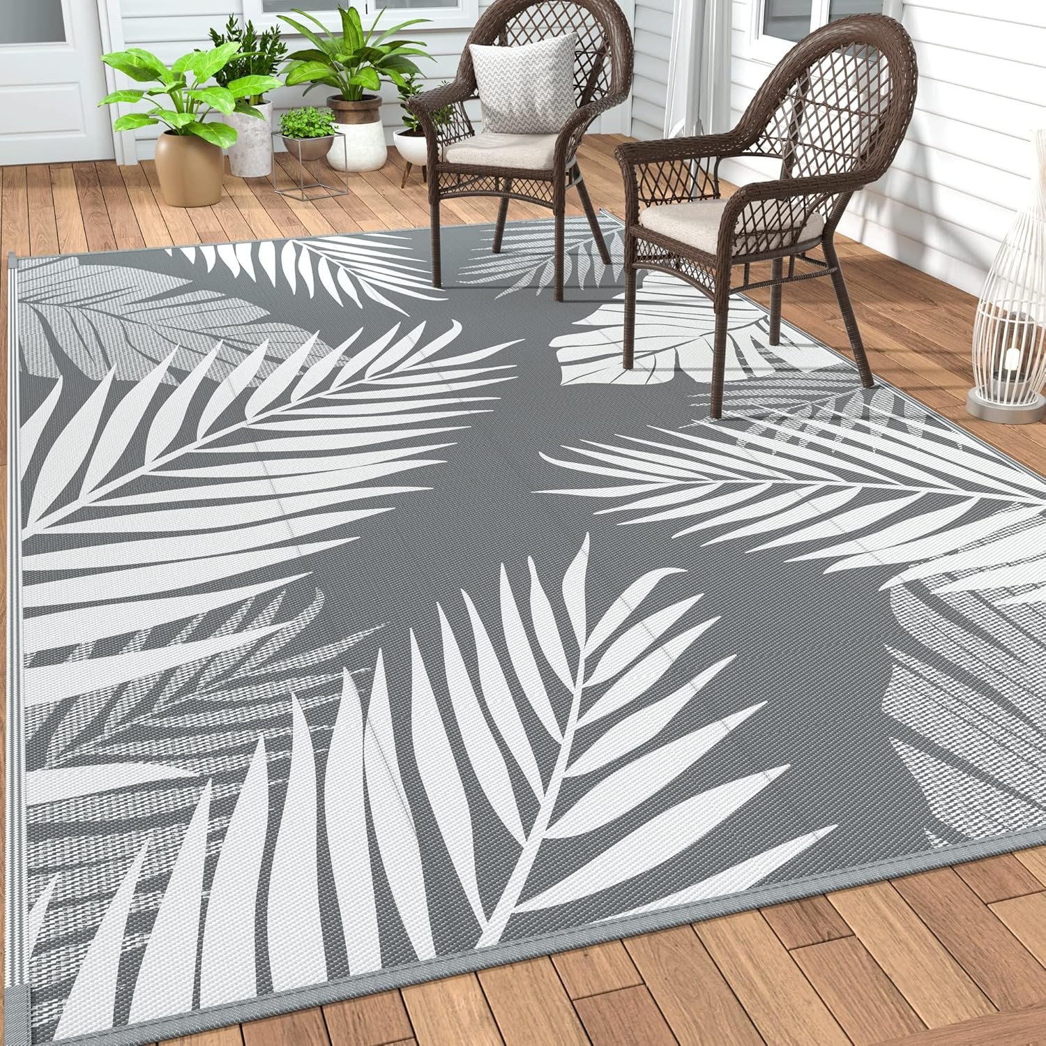 GENIMO Outdoor Rug 5′ x 8′ Waterproof for Patios Clearance, Reversible Plastic Straw Camping Carpet, Large Area Rugs Mats for RV, Picnic, Backyard, Deck, Balcony, Porch, Beach, Grey&White