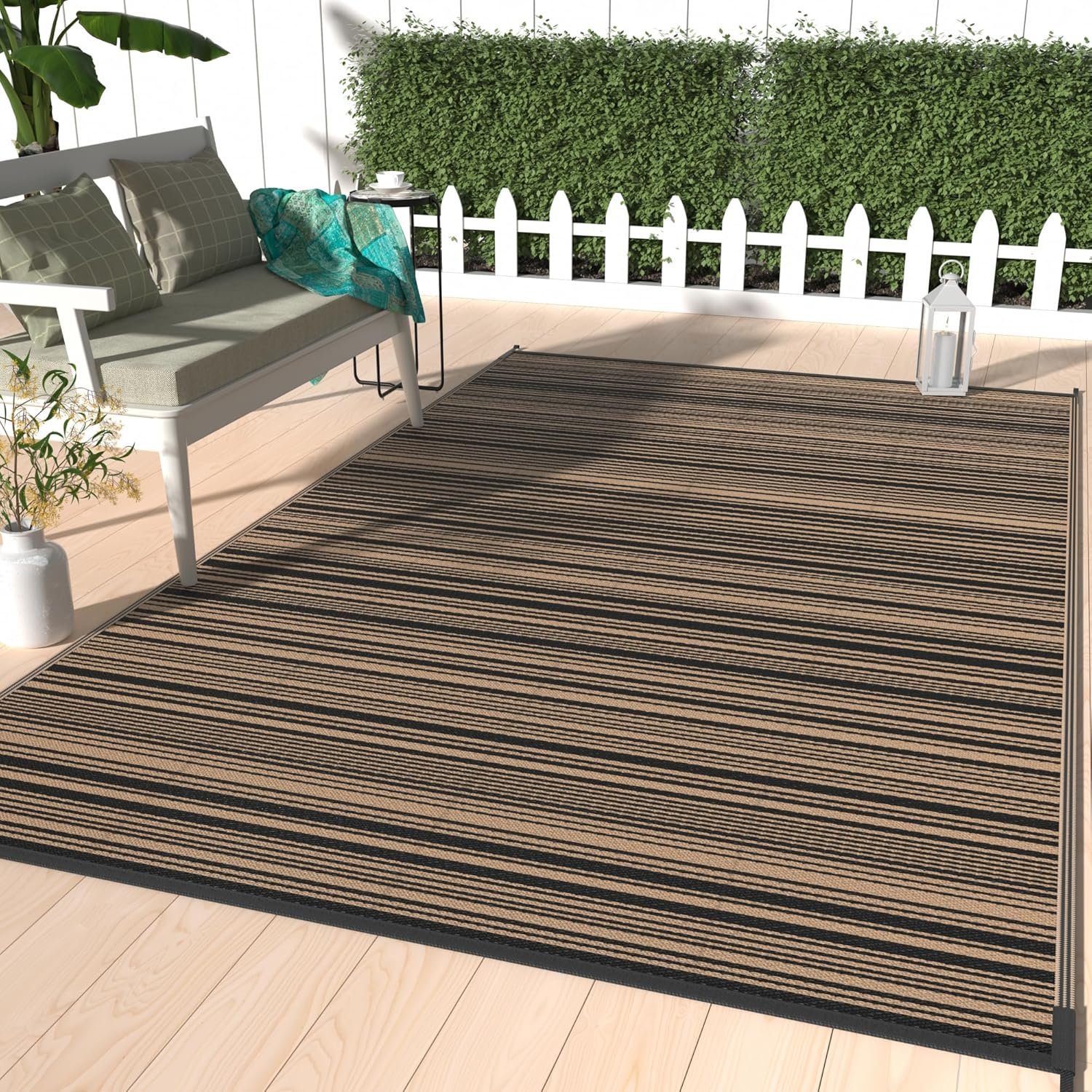 GENIMO Outdoor Rug for Patio Clearance, 5’x8′ Reversible Plastic Straw Rugs, Lightweight Waterproof RV Camping Mat for Camper, Balcony, Deck, Backyard, Picnic, BlackBrown