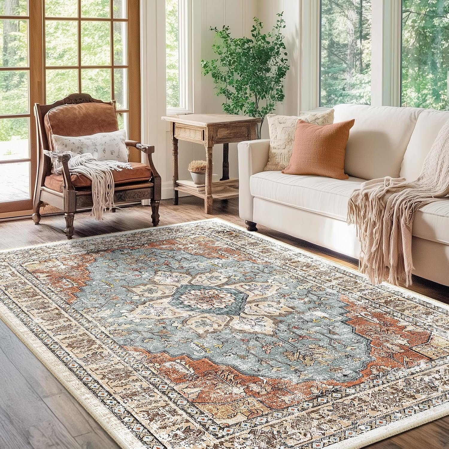 BESTSWEETIE 5×7 Area Rug Washable Rugs for Living Room, No Pile Boho Carpet for Entryway Bedroom Dinning Room, Vintage Carpet Print Distressed Non-Slip, 5 x 7 ft, Green Brick Rust Red