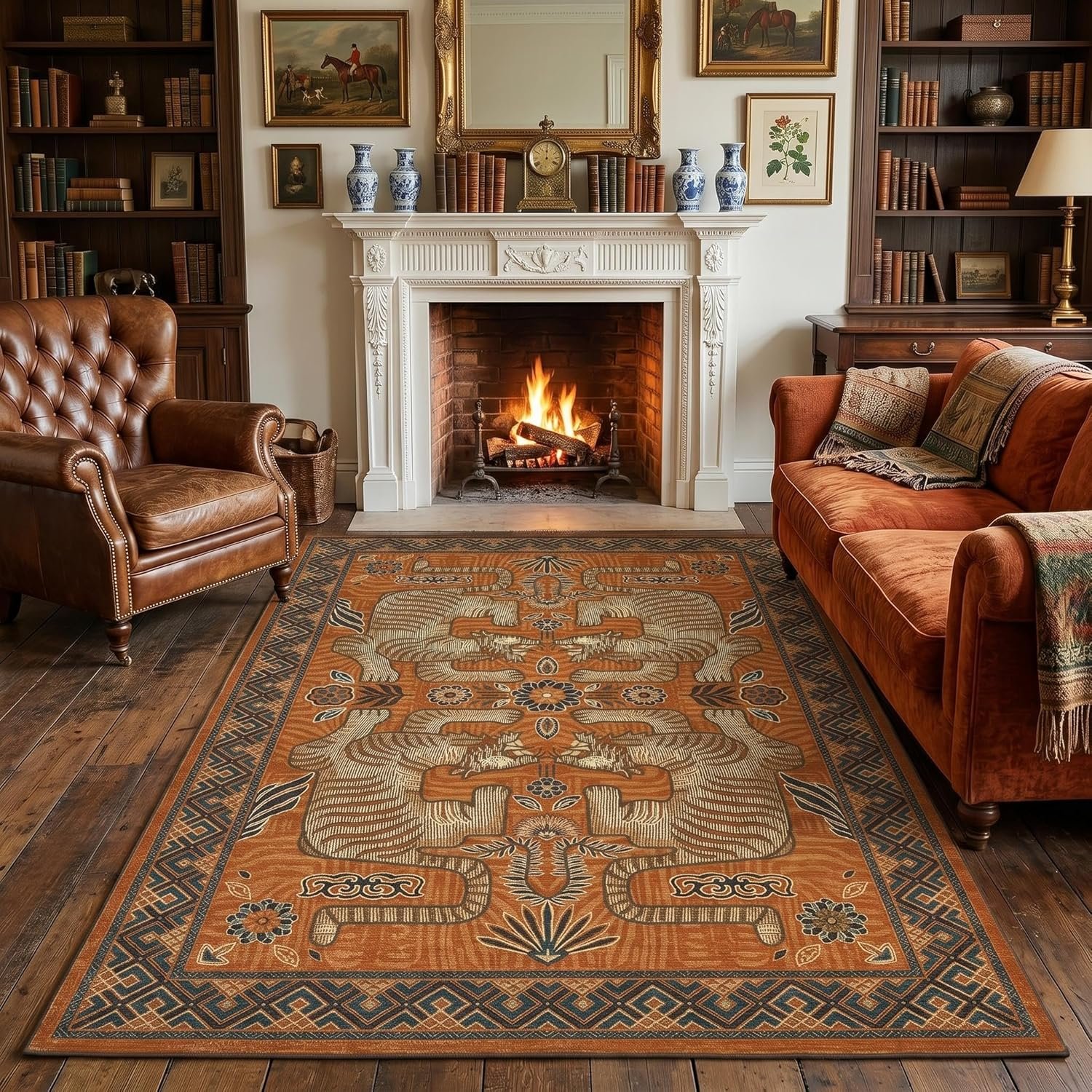GarveeHome Tibetan Tiger 5×7 Area Rugs, Boho Terracotta Washable Rugs for Living Room, Vintage Tribal Soft Animal Print Throw Rug Non Slip Ultra Thin Stain Resistant Floor Carpet for Office Bedroom