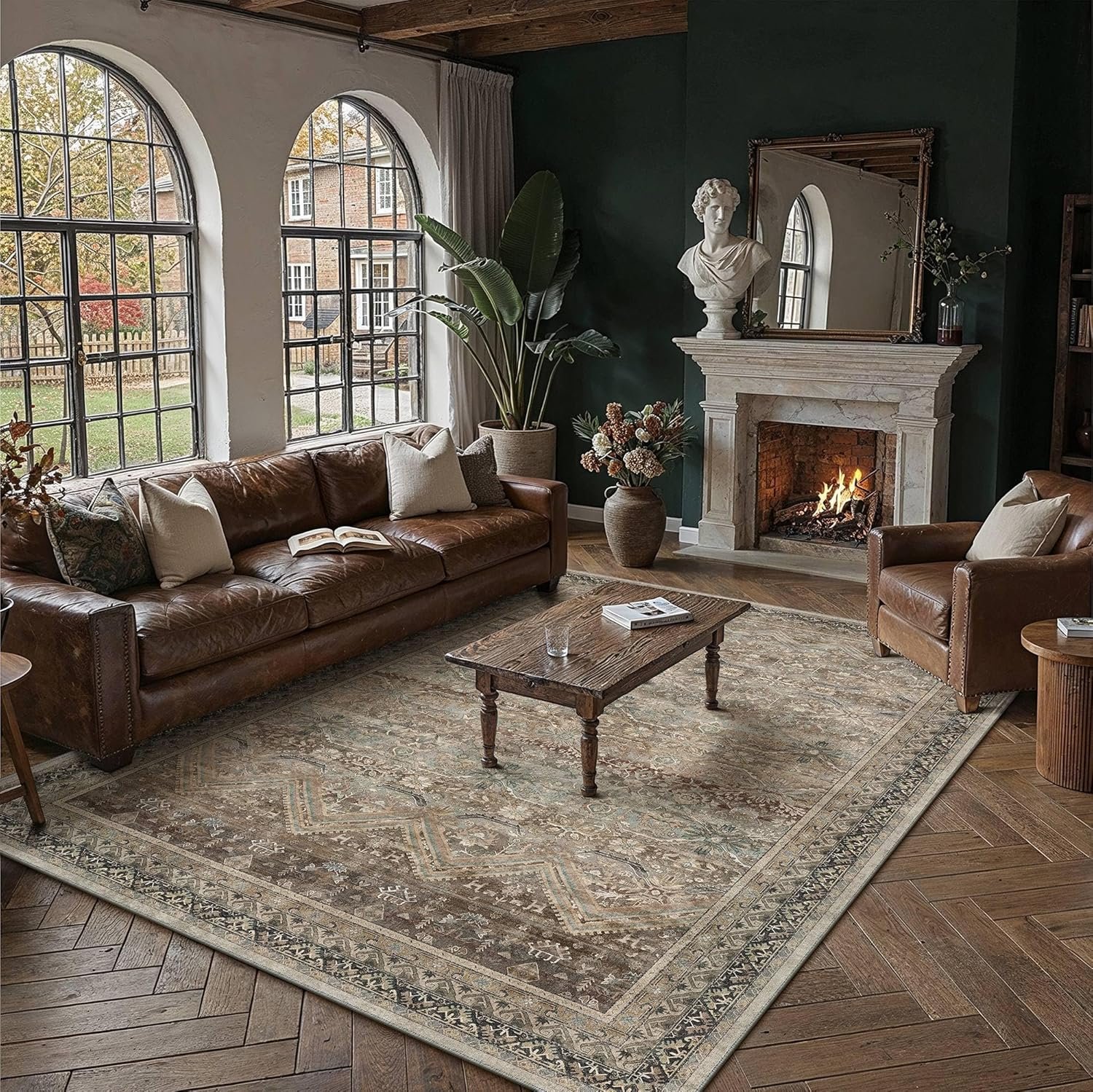 HUGEAR 8×10 Area Rugs Retro Brown Washable Rug for Living Room Large Vintage Boho Bedroom Rug No Shedding Soft Durable Low Pile Carpet Non Slip Indoor Home Decor Floor Mat