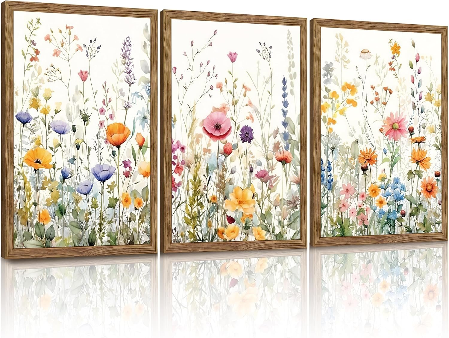 3 Piece Colorful Wildflower Wall Art Set, Framed Spring Wall Decor, Watercolor Floral Painting Canvas Prints, Flower Pictures, Farmhouse Botanical Artwork for Living Room Bedroom 12×16 Inch