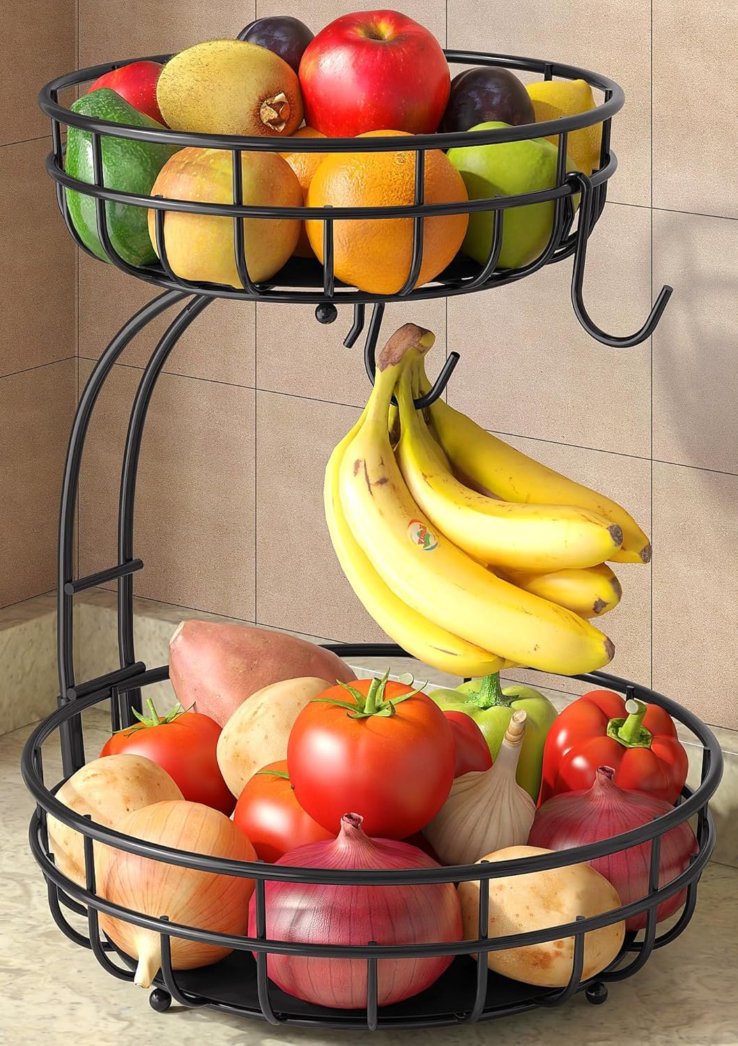 Sevenblue 2 Tier Large Fruit Basket for Kitchen Counter with Removable Banana Hanger – Sturdy Iron Fruit Bowl for Kitchen Counter and Vegetable Holder, Fruit Holder for Home Decor, Black