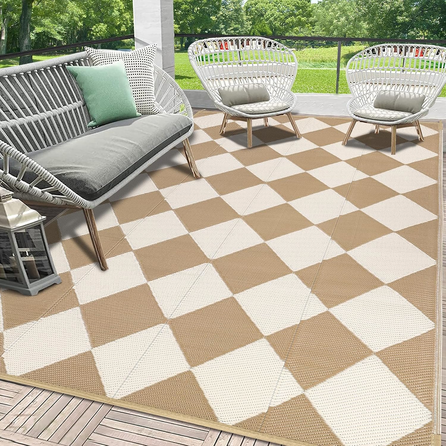 HEBE Checkered Outdoor Rug Waterproof 5×8, Reversible Plastic Straw Rug RV Camping Rug, Indoor Outdoor Patio Mat Clearance, Outside Carpet for Porch,Deck,Camper,Balcony,Backyard,Picnic