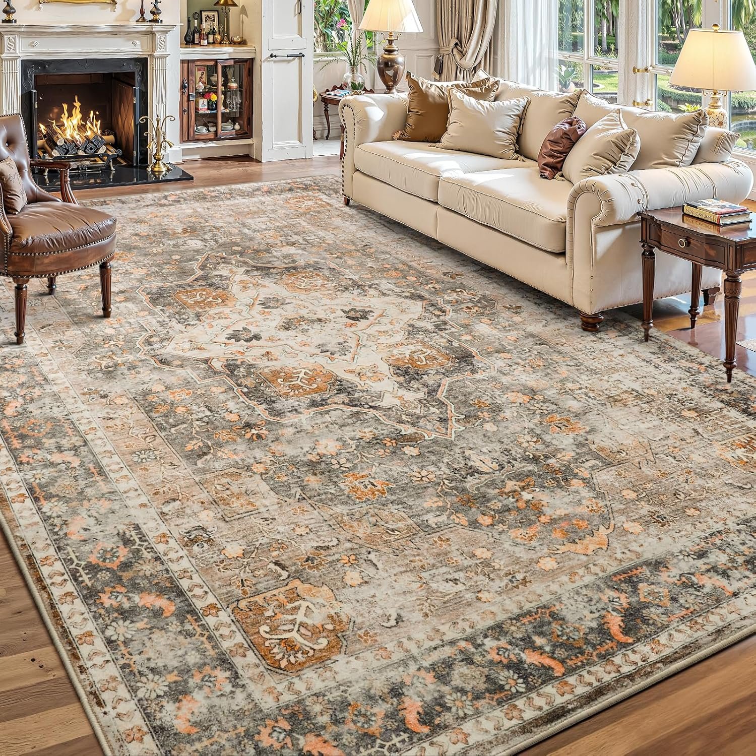 YOH Boho Washable Rug 6×9, Terracotta Vintage Non Slip Area Rug, Distressed Indoor Carpet for Living Room Bedroom Kitchen Office