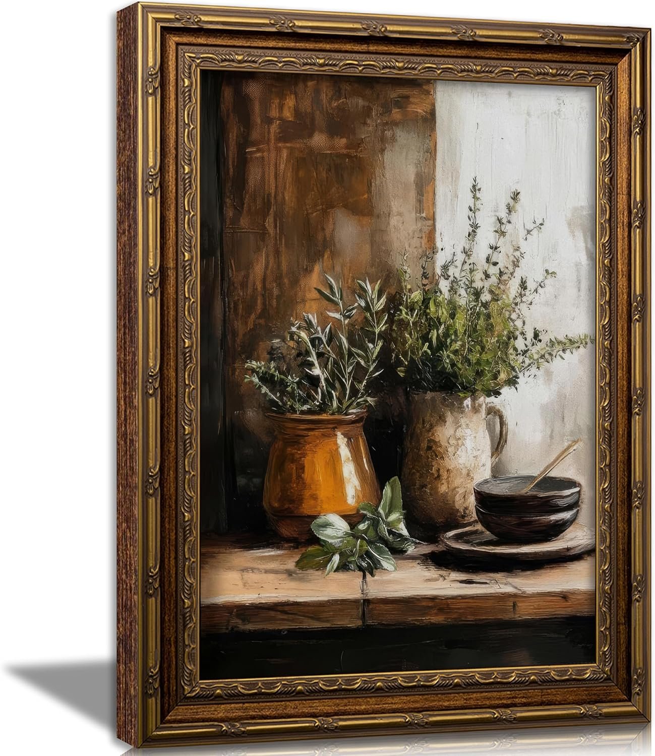 Vintage Gold Framed Kitchen Wall Art Farmhouse Rustic Still Life Canvas Painting Picture Wall Decor Retro Country Jars Botanical Poster Print Artwork for Dining Living Room Home Decoration