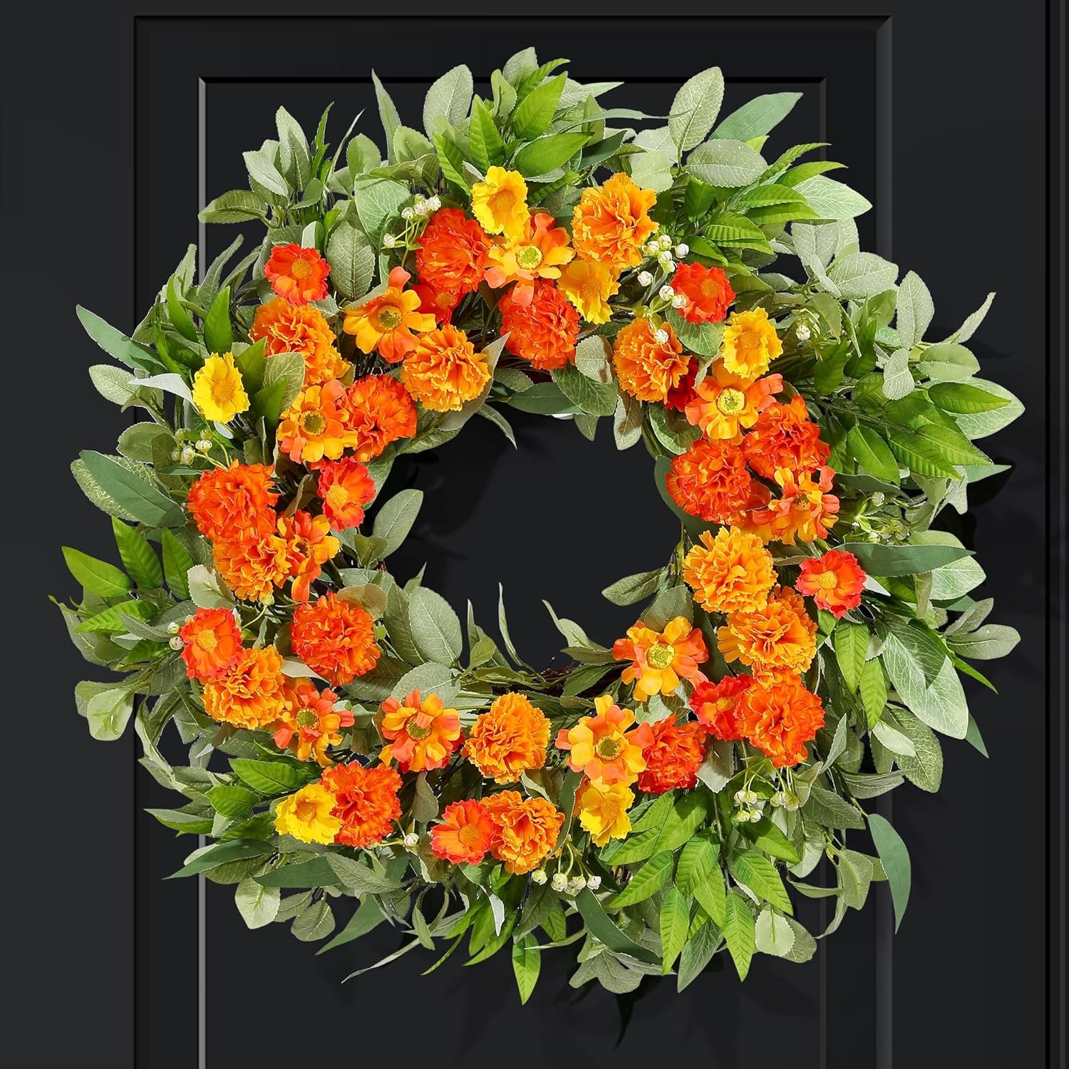24 Inch Summer Wreaths for Front Door with Carnations, Daisies and Eucalyptus – Artificial Spring Summer Front Door Wreath for Farmhouse, Porch, Window, Wedding, Celebration, Indoor Outdoor Home Décor