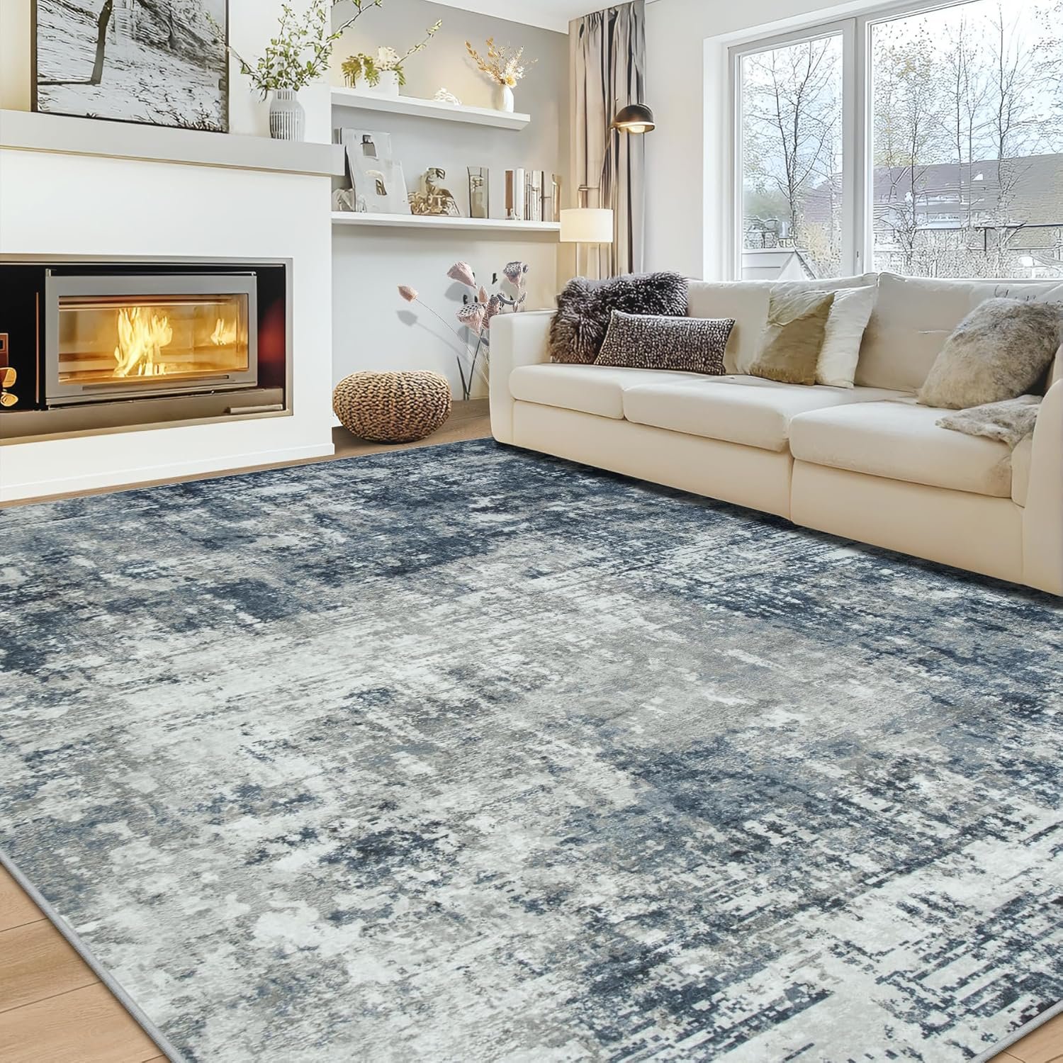 10×14 Area Rugs Large Living Room Rug Washable: Modern Abstract Rug Indoor Modern Carpet Non Slip for Dining Room Bedroom Nursery Home Office Blue/Grey