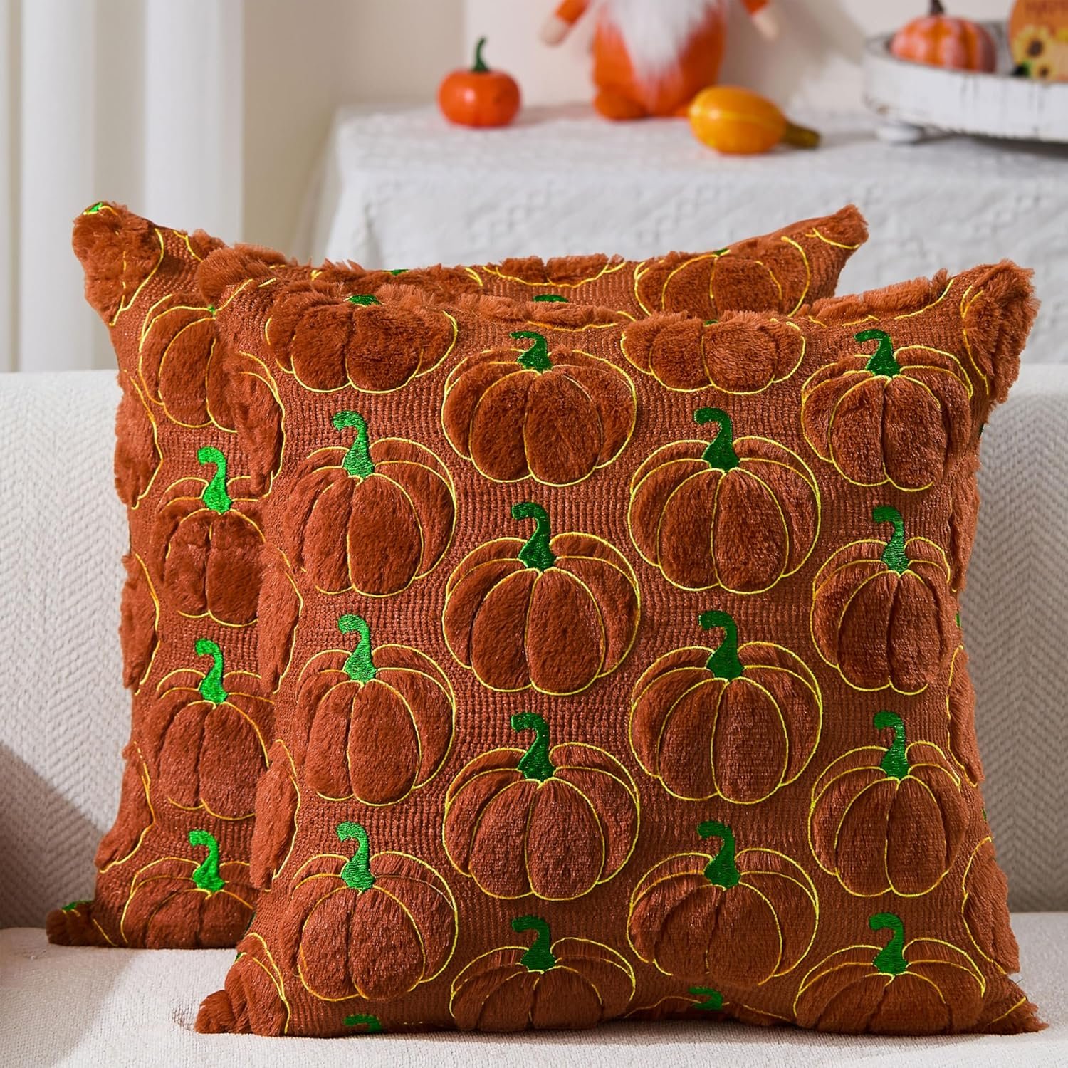 DFXSZ Fall Pillow Covers 18×18 Set of 2 Fall Decorations Autumn Rust Pumpkin Throw Pillow Cases Soft Plush Faux Fur Wool Couch Cushion Case for Chair Sofa Living Room Home Decor PTK041D18