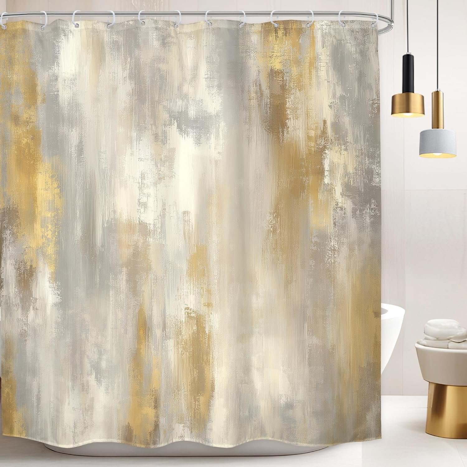 Abstract White and Gold Shower Curtain Bathroom Set 71Wx71H Inches Modern Marble Boho Ombre Minimalist Retro Vintage Oil Painting Bath Accessories Aesthetic Art Home Decor Fabric 12 Pack Hooks