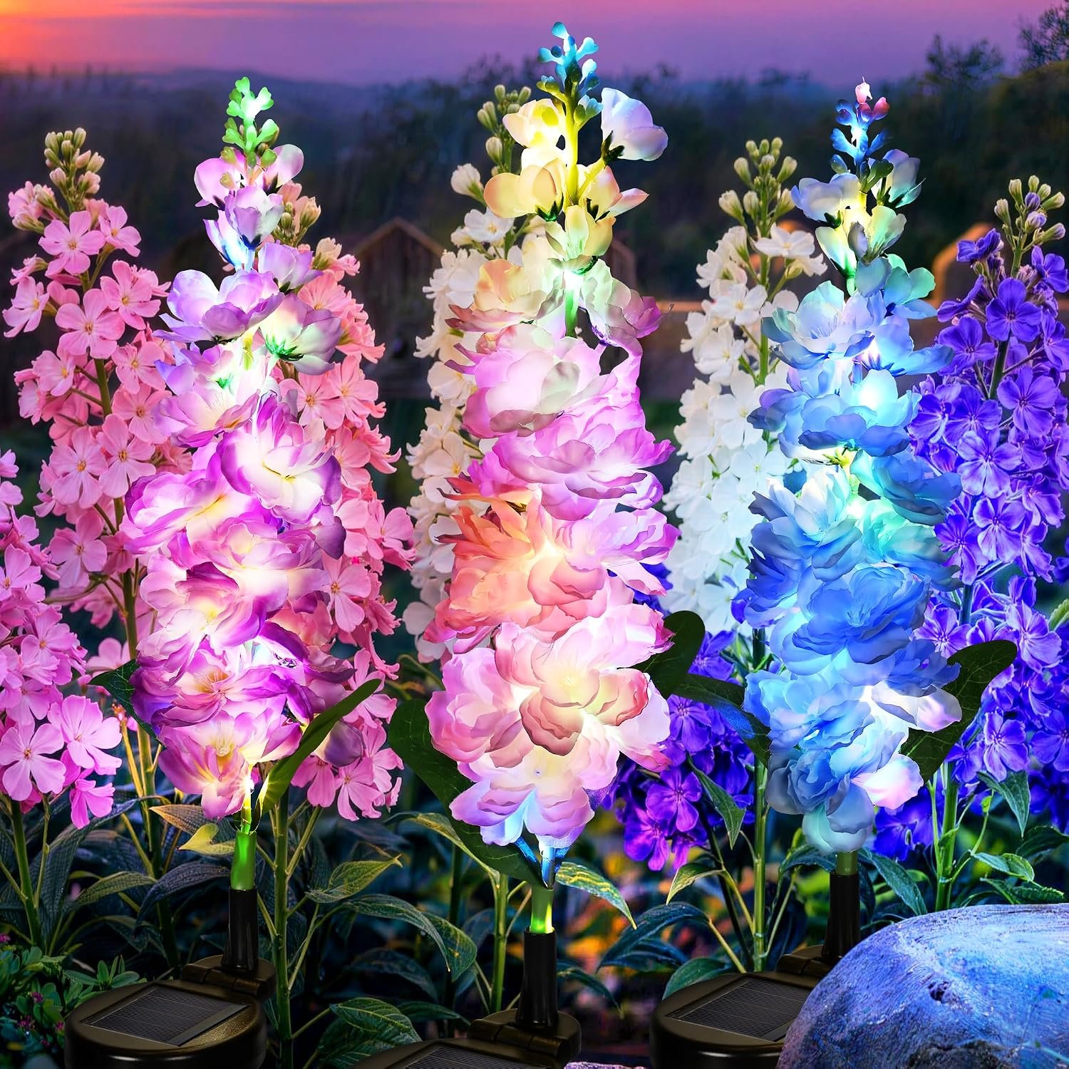 GIGALUMI Solar Lights Outdoor for Garden Decor, 3 Pack Solar Flower Lights Waterproof, 2 Lighting Modes Delphinium for Pathway,Yard, Patio, 4th of July Decoration, Gifts for Women (Multi-Colored)