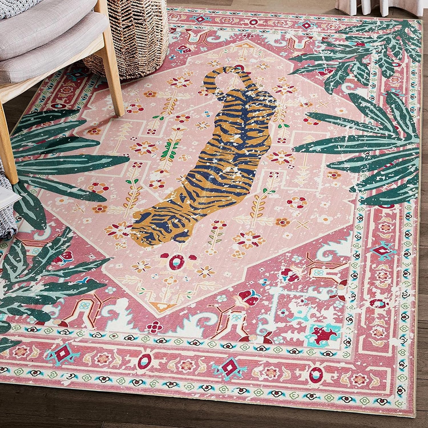 Washable Hippie Rugs Boho Vintage Tropical Jungle 4×6 Area Rugs Accent Oriental Carpet for Bedroom Kitchen Dining Living Room Modern Indoor Entry Entrance Tribal Floor Rug