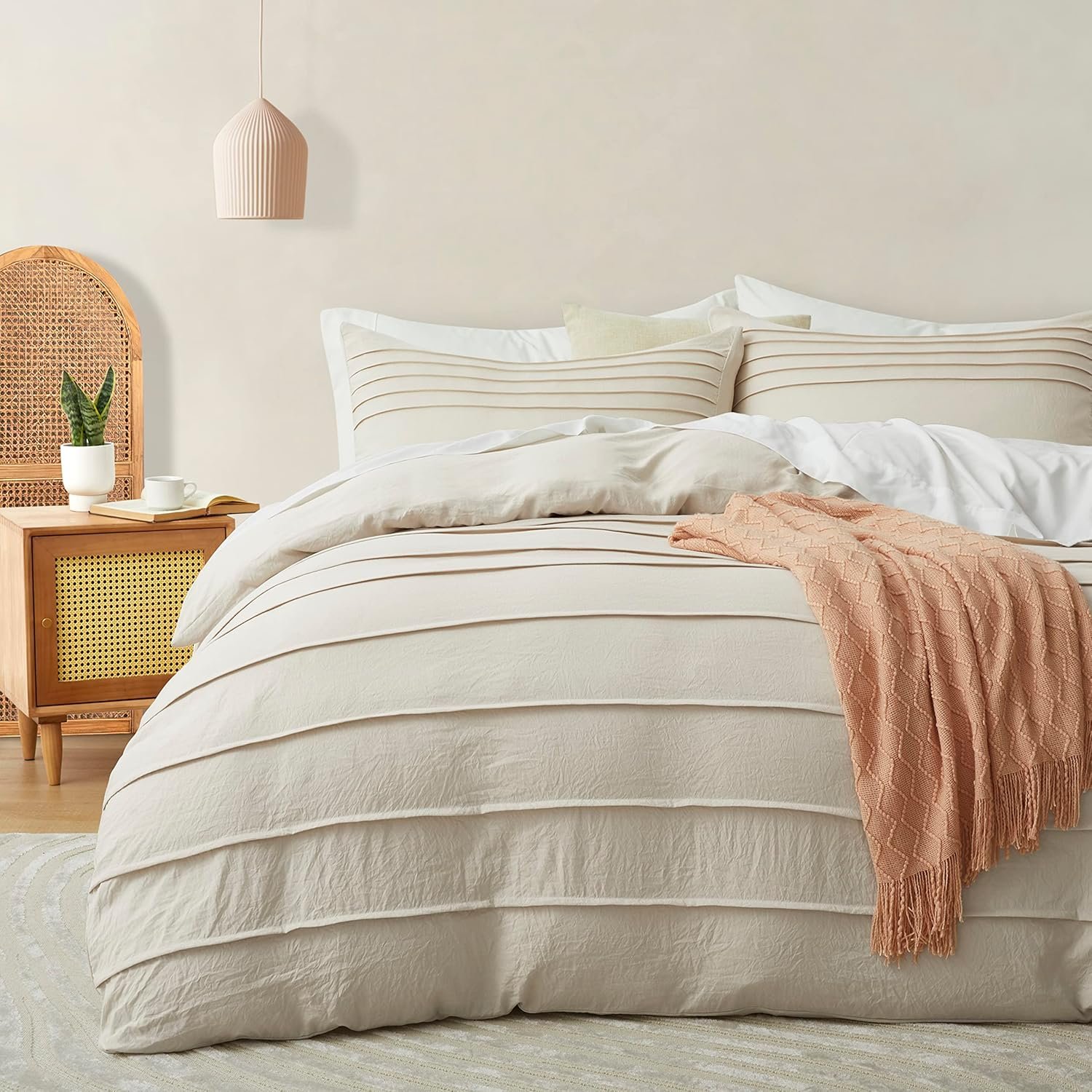 Oli Anderson Beige Duvet Cover King Size – Pleated King Duvet Cover, 3PCS Soft and Breathable Textured Bedding Set with Zipper Closure(Beige,104″x90″)