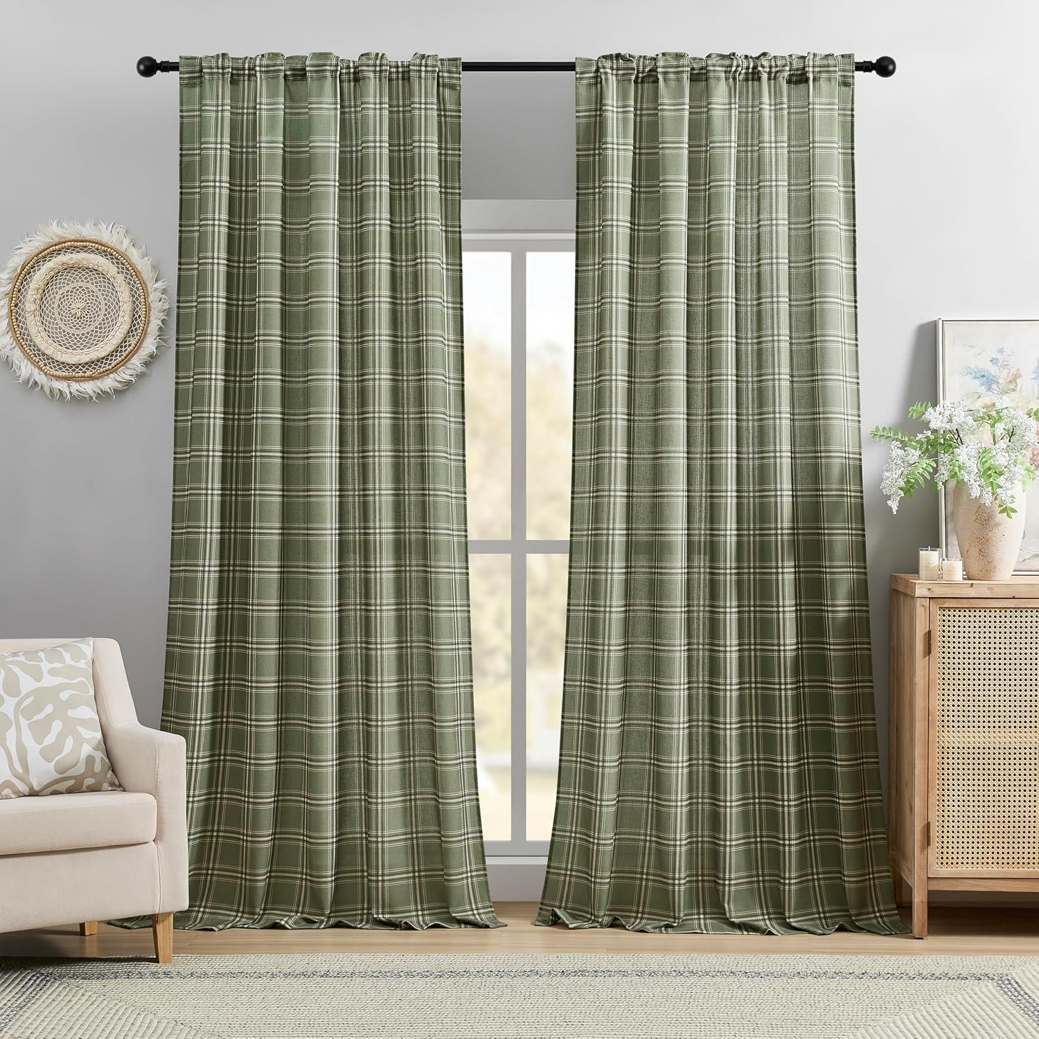 Moss Green Linen Plaid Back Tab Curtains 84 Inch Length for Living Room Bedroom, 2 Panel Set, Neutral Light Filtering Semi-Sheer Privacy Drapes