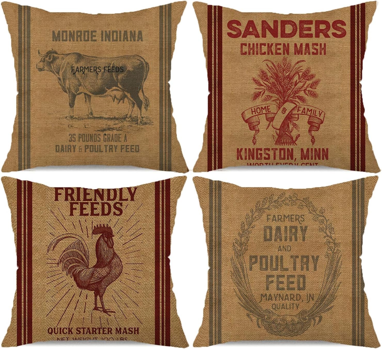 Vintage Farmhouse Animal Pillow Covers 18×18 Set of 4 Retro Farmer’s Market Truck Rooster Sheep Feed Seed Premium Poultry Farm Home Décor Throw Pillow Case Cushion Cover for Sofa (18″ X 18″)
