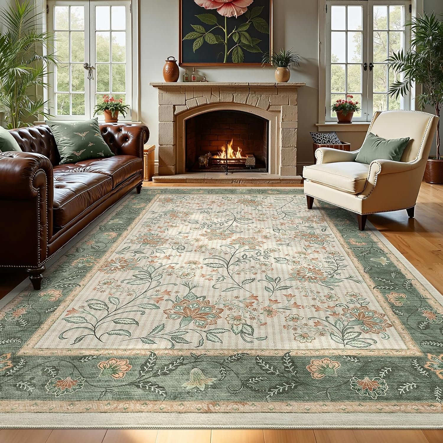GarveeHome Area Rugs 8×10 for Living Room, Sage Green Botanical Floral Print Washable Rug Soft Non Slip Floor Mat Carpet Indoor Thin Cottage core Rug for Bedroom Dining Room Playroom Nursery Room