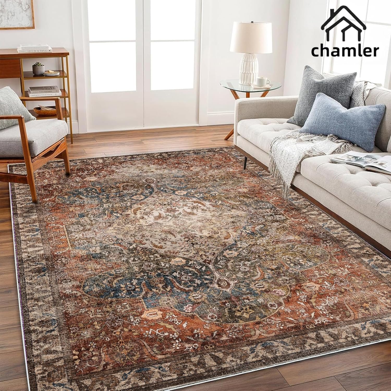 chamler 6×9 Washable Area Rug Boho Medallion Distressed Design Non-Shedding Easy Care Ideal for High Traffic Areas in Rugs for Living Room Bedroom Office Kitchen Large Carpet