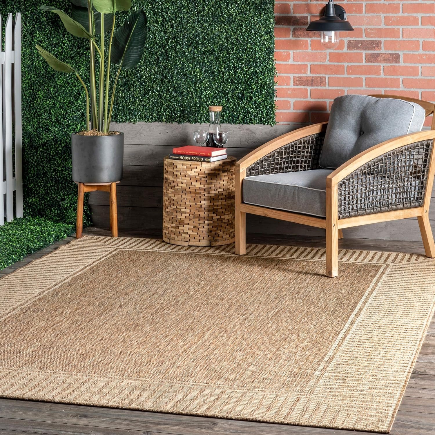 “”nuLOOM 5′ x 8′ Outdoor Area Rug, Casual Design With Striped Border, Stain Resistant, Highly Durable, For Patio, Balcony, Bedroom, Living Room, Dining Room, Bathroom, Light Brown””