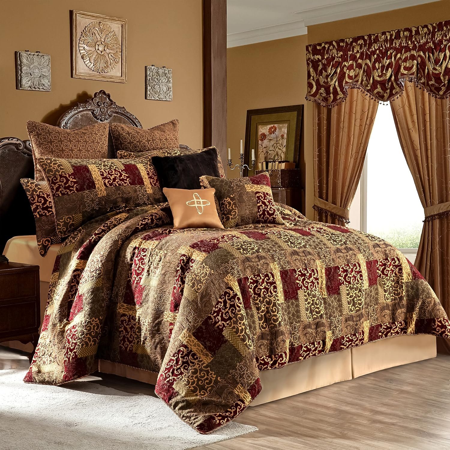 Loom and Mill 9-Piece Jacquard Comforter Set, Luxury Traditional Patchwork Comforter Queen Sets, Ultra Soft Bedding with Euro Shams, Bedskirt, Filled Decorative Pillow for Bedroom (Red Gold, Queen)