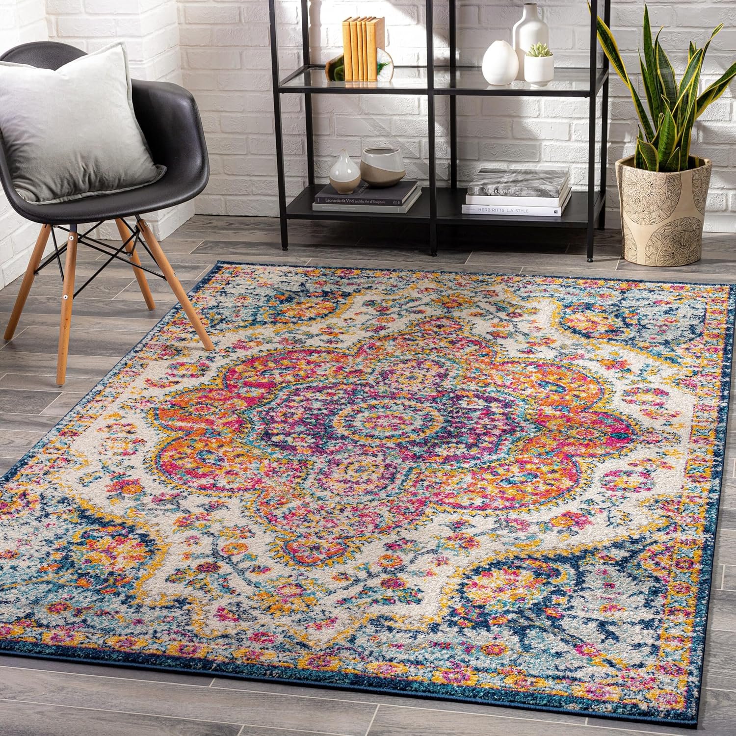 Livabliss Area Rugs – 5×7 Romaine Vintage Boho Fuchsia Mustard Blue Area Rug for Living Room Bedroom – Floral Medallion Stain Resistant Carpet for Kitchen, Nursery, Office (5’3″ x 7’6″)
