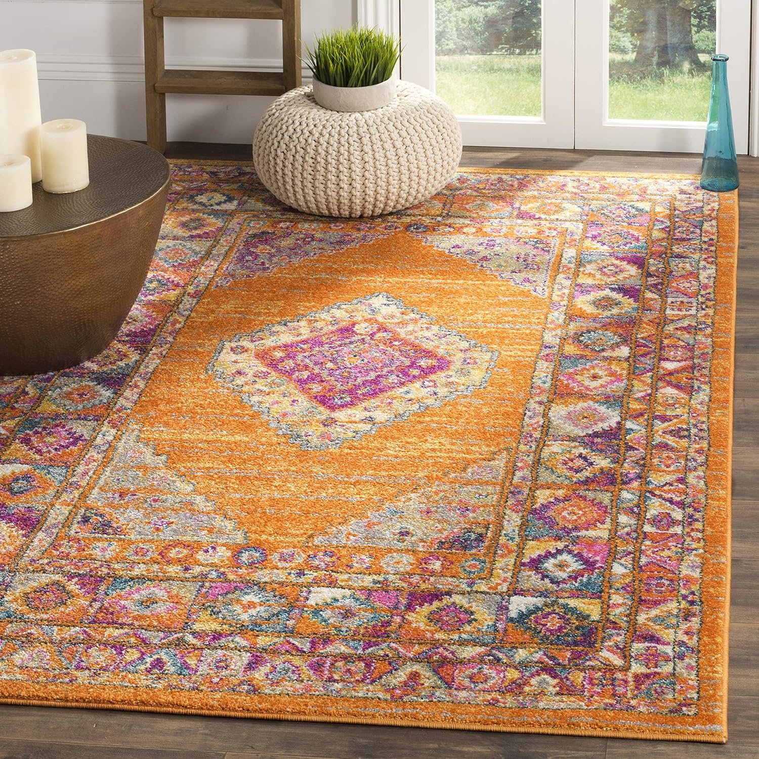 SAFAVIEH Madison Collection Area Rug – 6′ x 9′, Orange & Fuchsia, Boho Chic Medallion Design, Non-Shedding & Easy Care, Ideal for High Traffic Areas in Living Room, Bedroom (MAD133D)