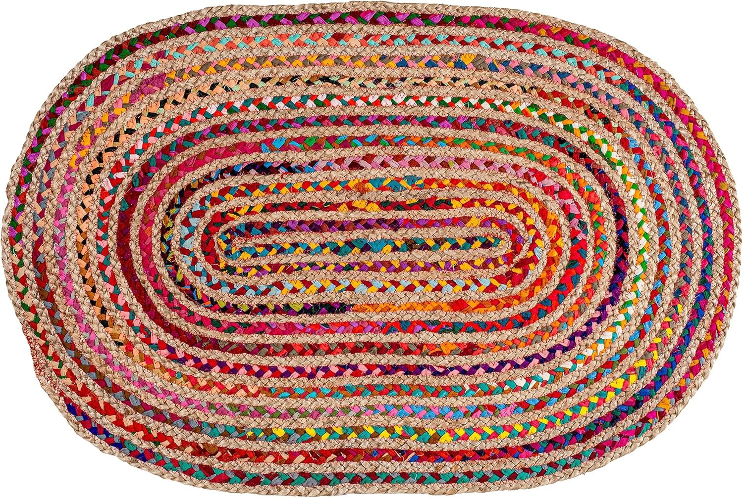 Cotton Chindi Braid Rag Rug – Boho Farmhouse Rustic Area Accent Throw Rug – Handwoven Reversible Natural Recycled Cotton – Living Room Den Study Home Décor Gift – 2′ x 3′ Oval – Multi Color