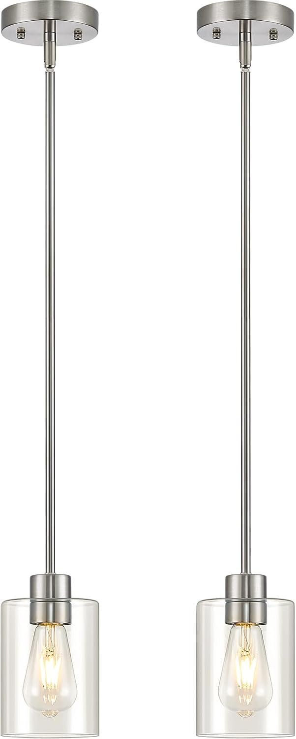 Modern Farmhouse Brushed Nickel Pendant Lights, Mini Hanging Light Fixture with Clear Glass Shade, Adjustable Rods for Kitchen Island, Sink, Bar (2 Pack)