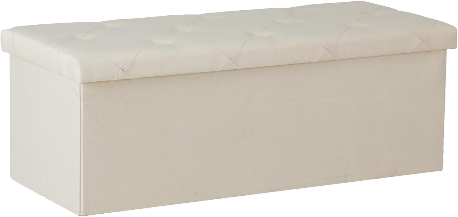 DUMOS 43in Foldable Storage Ottoman Bench, Storage Chest, Large End of Bed Foot Rest Stool with Padded Seat, Bedroom Bench for Living Room, Support 660lbs, Camel