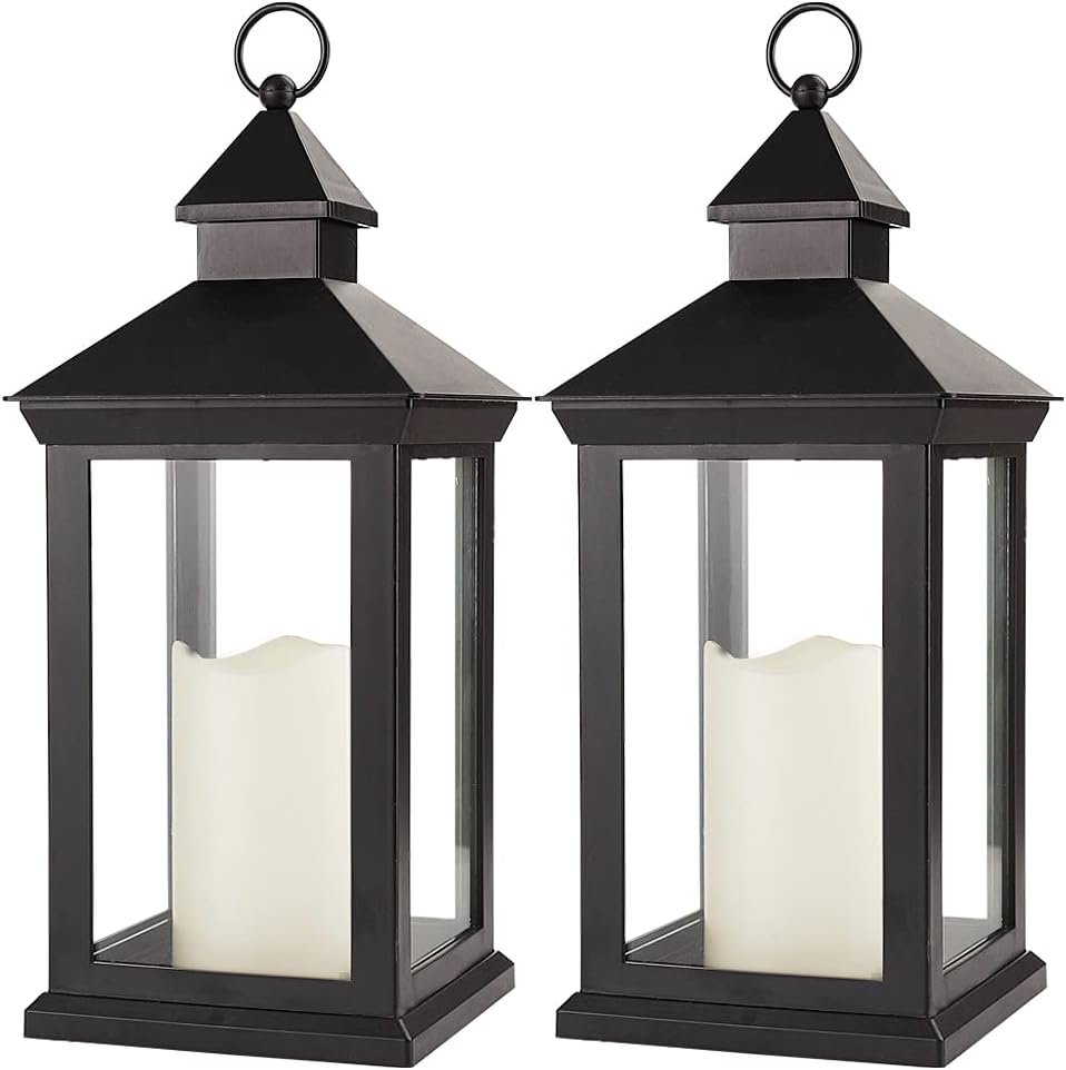 2-Pack 14″ Decorative Candle Lantern Black Outdoor Lanterns with Timer Candles – IP44 Waterproof Vintage Lanterns Battery Powered LED Decorative for Wedding – Warm White Hanging Wall