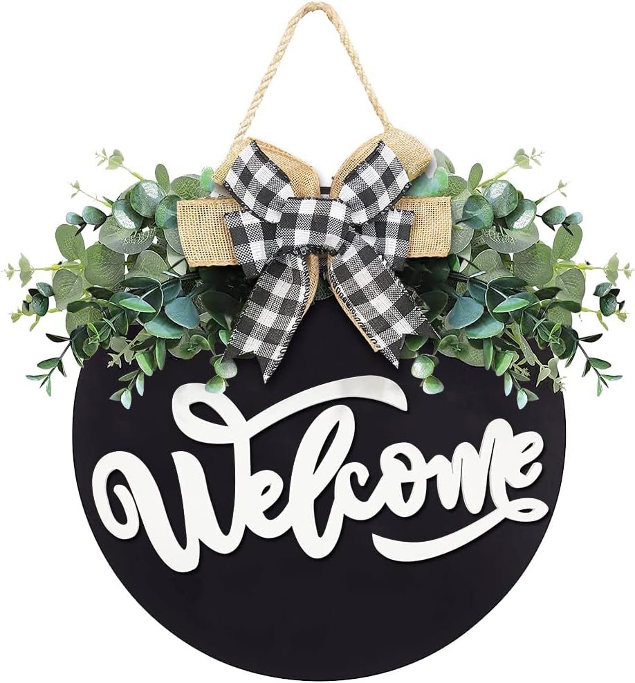 Oscenlife Welcome Sign for Front Door, Front Door Decor for Farmhouse Porch, Rustic Welcome Wreaths with Stapled Greenery, Round Wooden Hanging Sign Housewarming Gift for Home Outdoor Indoor (Black)…