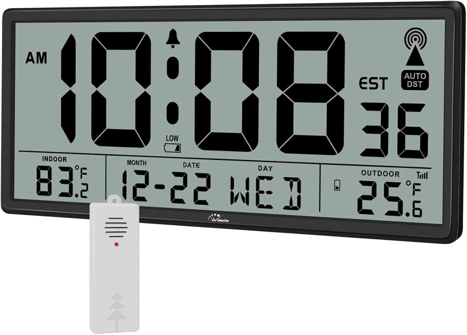 WallarGe Atomic Clock with Indoor Outdoor Temperature – Easy to Read – Self Setting, 14.5” Jumbo Auto Set Digital Wall Clock Battery Operated