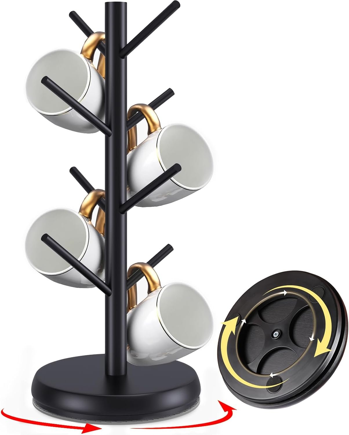 Bamboo Mug Holder Tree – Upgraded 360° Rotating 8 Hooks Coffee Cup Rack, Sturdy No-Tool Assembly Counter Organizer for Mugs, Jewelry & Accessories, Eco-Friendly Wood Stand(Black)