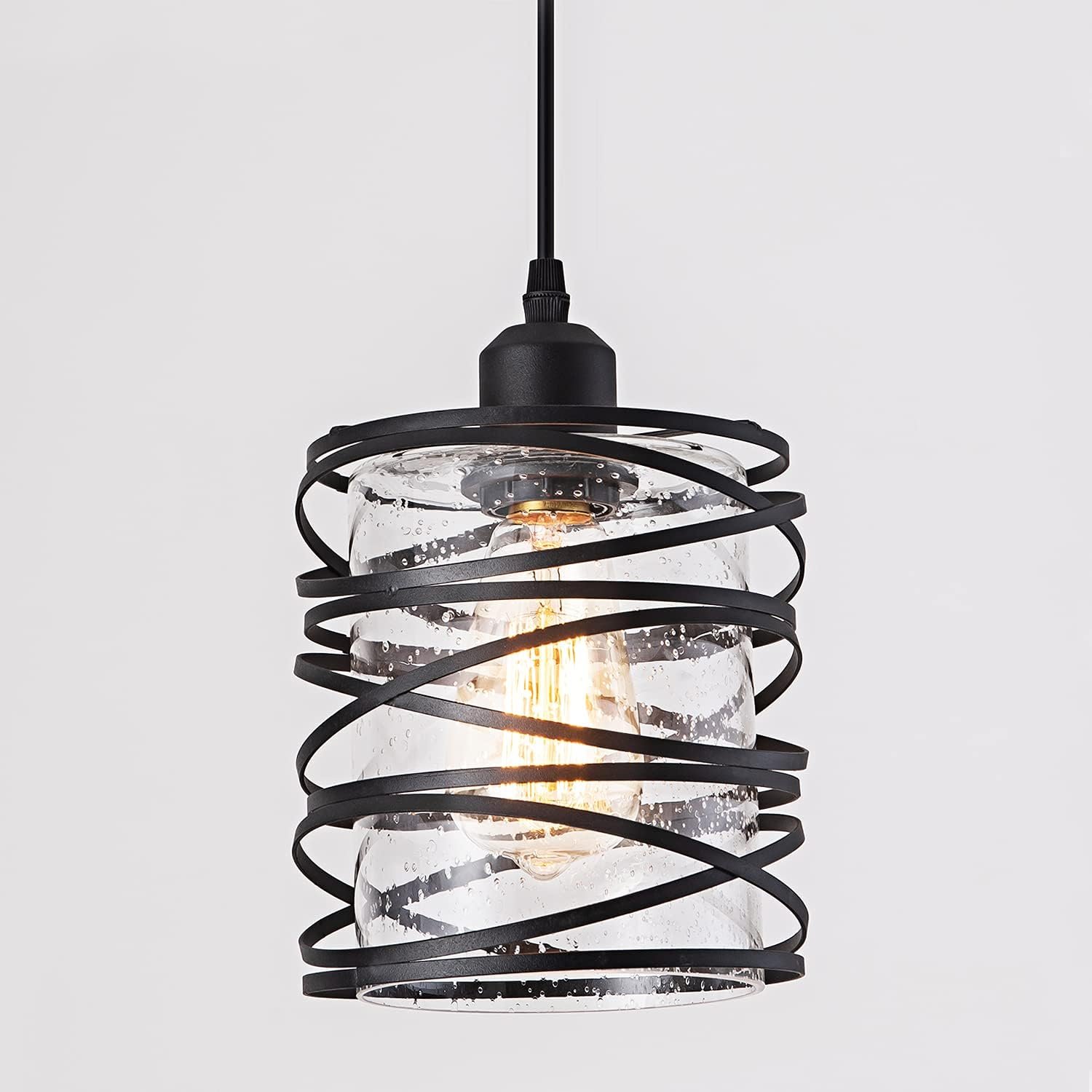 Modern Mini Pendant Light Fixture Kitchen Island Pendant Lighting 6.30”Matte Black Spiral Cage Handblown Clear Seeded Glass Shade Hanging Lamp Adjustable Cord for Dining Room 1-Pack,E26